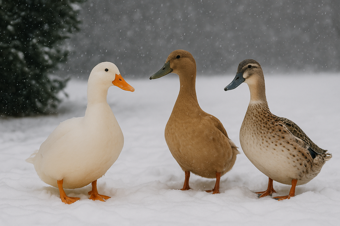 three ducks in snow