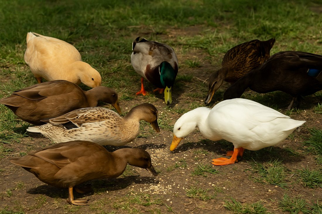 Diverse backyard duck flock eating together