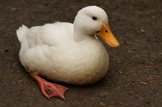 Sad domestic duck with swollen foot