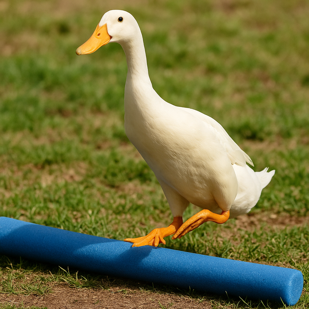 Indian runner duck jumping over a pool noodle
