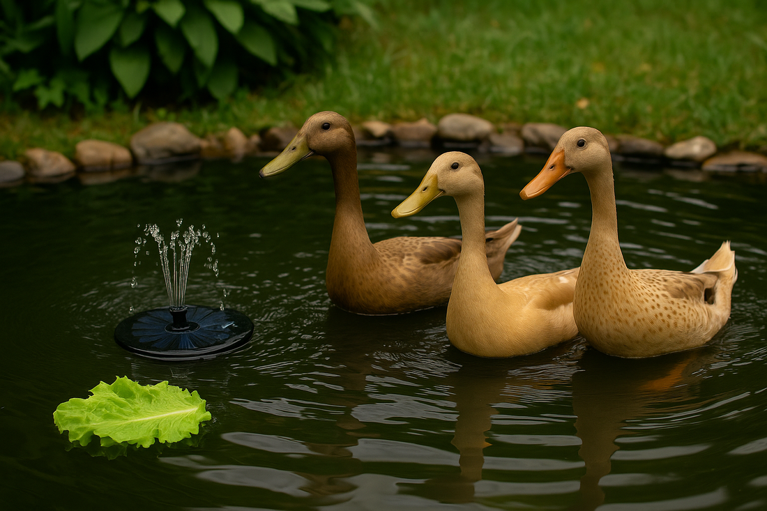 Indian runner ducks swimming in a DIY pond