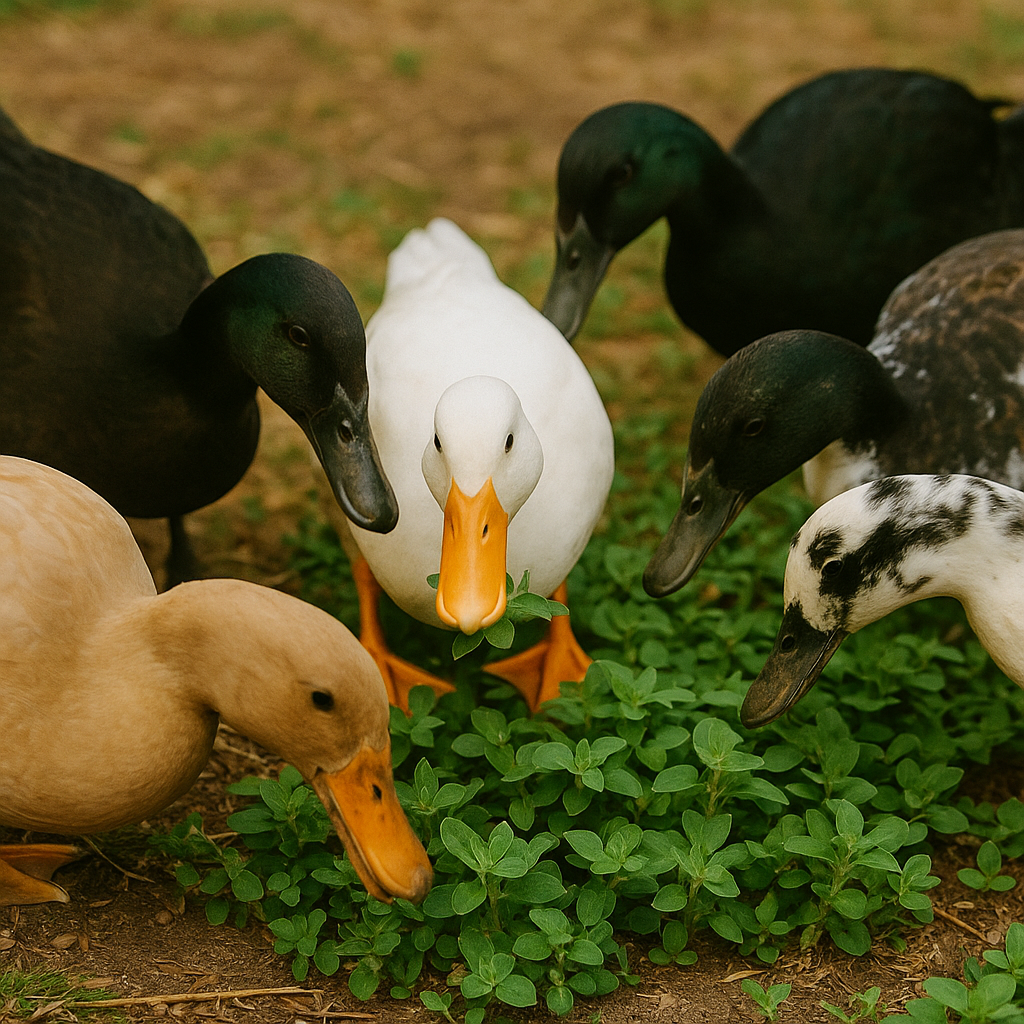 Backyard ducks foraging oregano