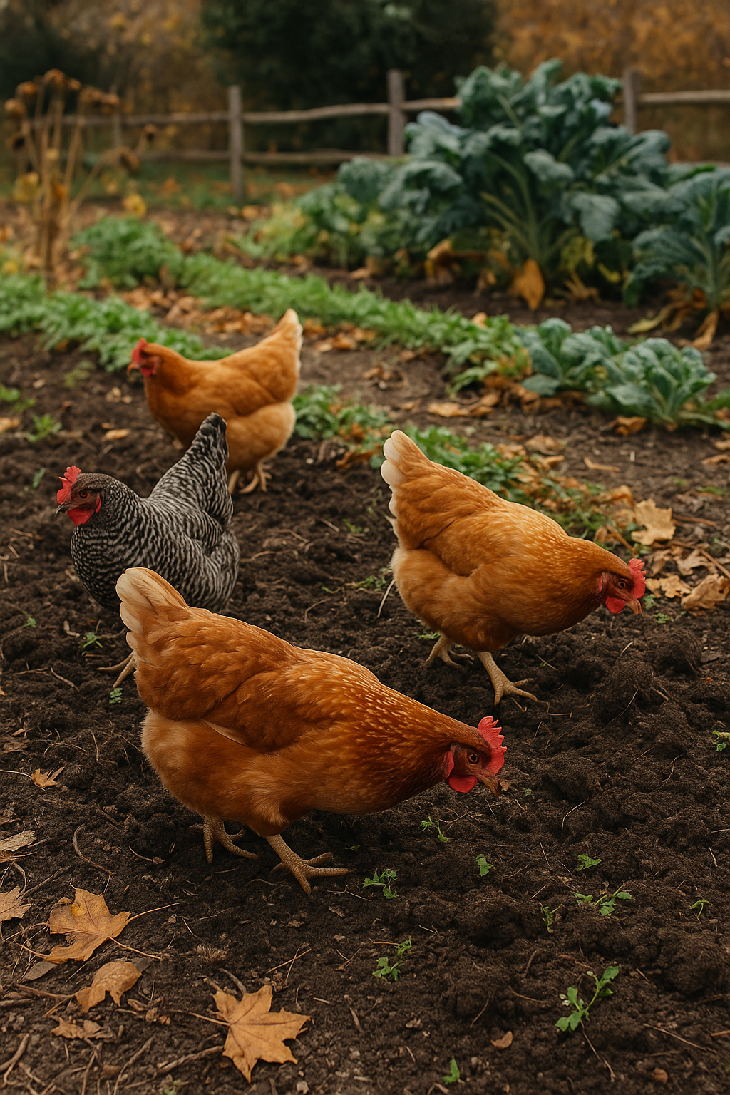 Chickens in fall garden 