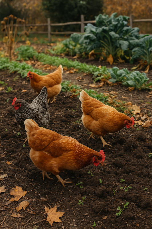 Chickens in fall garden 