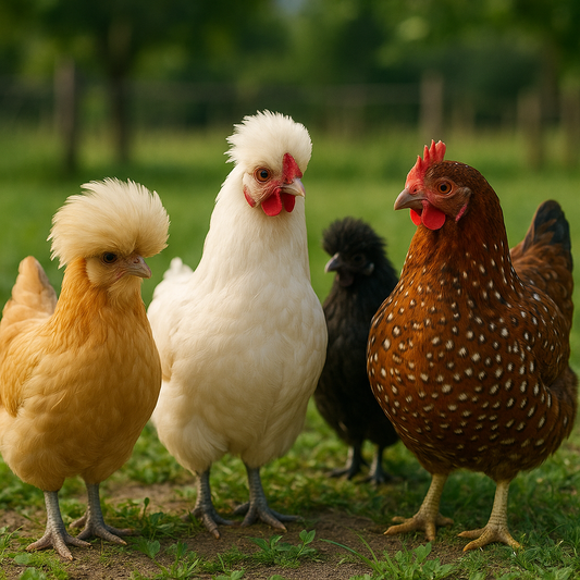 Happy chickens in sunny pasture