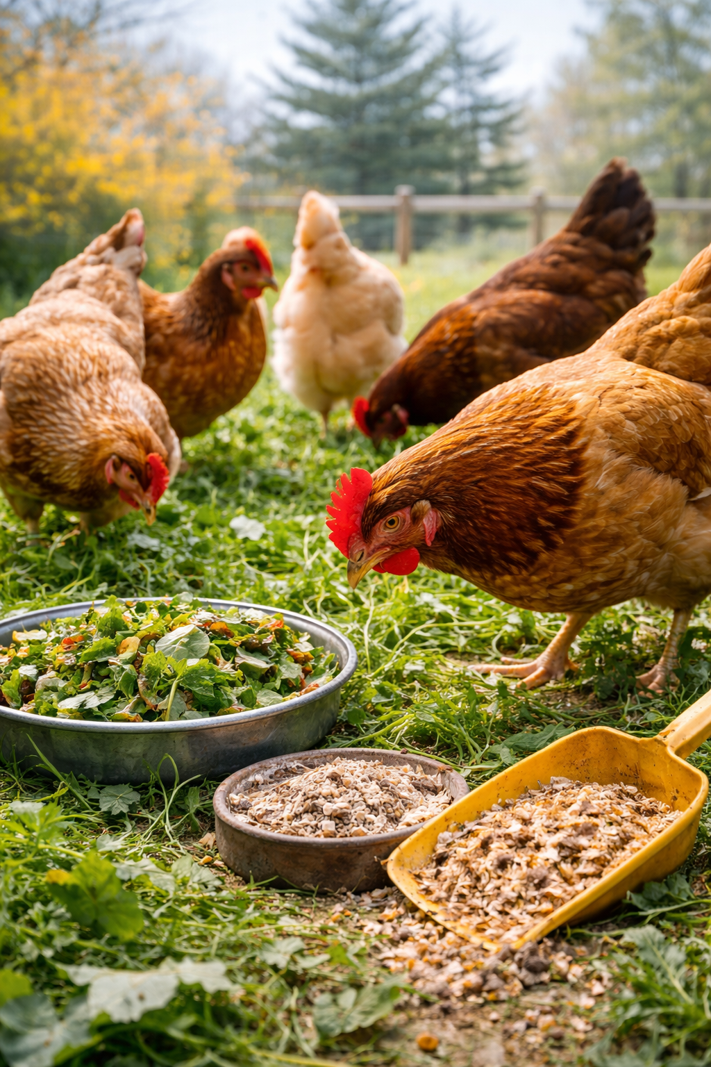 Chickens eating greens and treats 