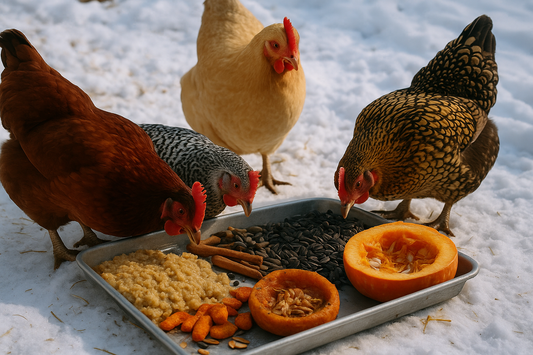 hens eating hearty treats in winter