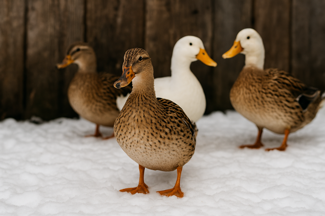 brown and white ducks in snow