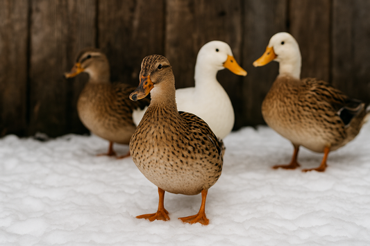 brown and white ducks in snow