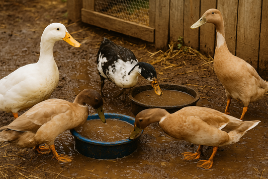 5 messy ducks standing in mud