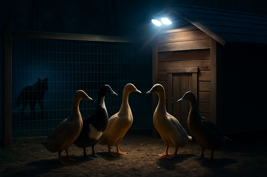 Ducks in a predator safe enclosure at night