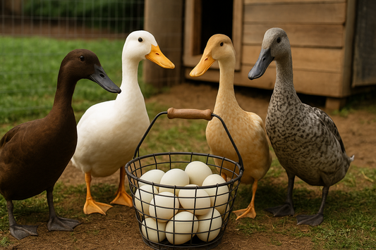 Ducks standing around a basket of eggs