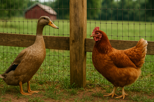 Runner duck and an isa brown chicken standing together 