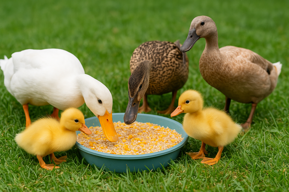 Family of ducks eating corn