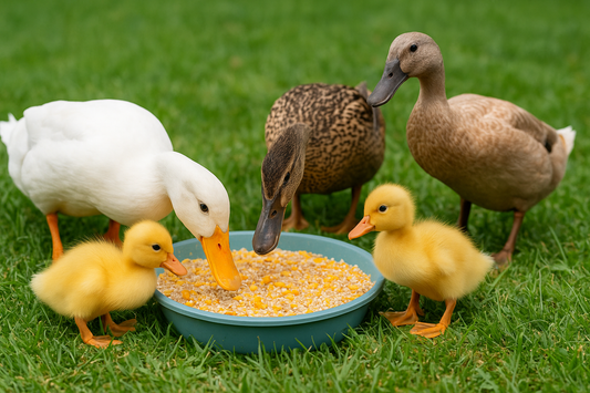 Family of ducks eating corn