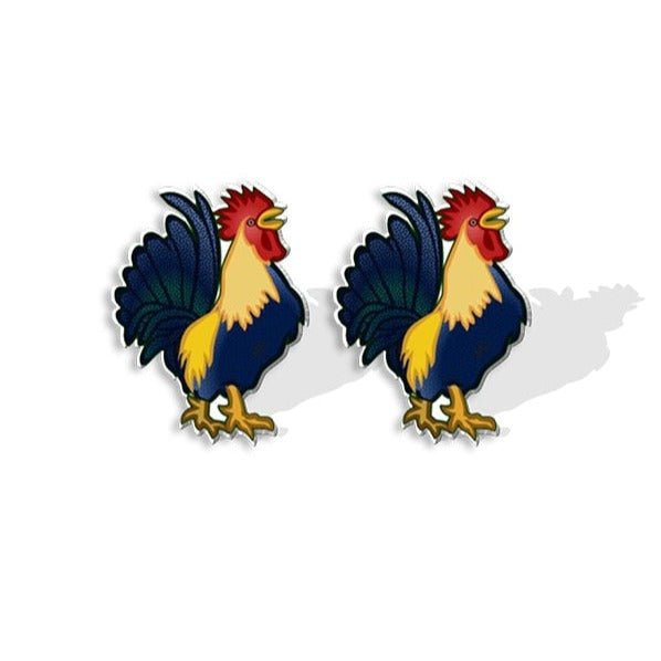 Cock-a-Doodle-Doo Studs: Blue and Gold Rooster Acrylic Earrings - casadechicka